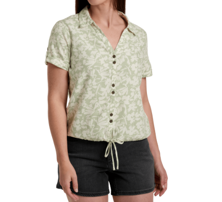 kuhl liliana shirt in sea foam print front view on a model