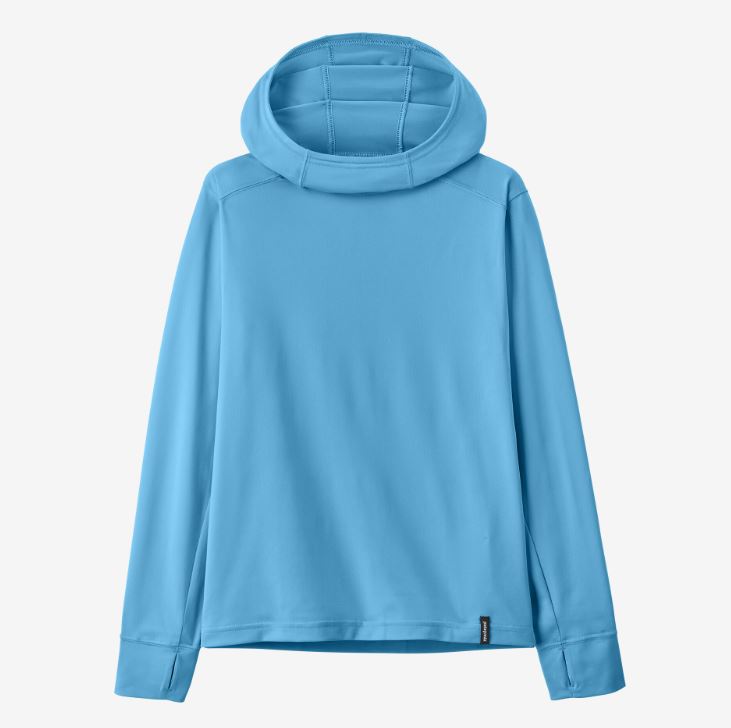 a front view of the patagonia kids capilene silkweight sun hoody in the color lago blue