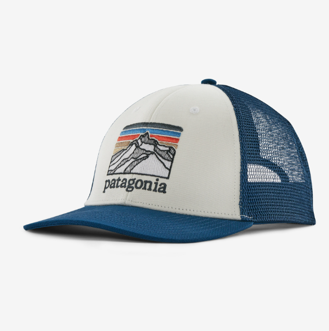a photo of the patagonia line logo ridge lopro trucker hat in the color white with lagom blue