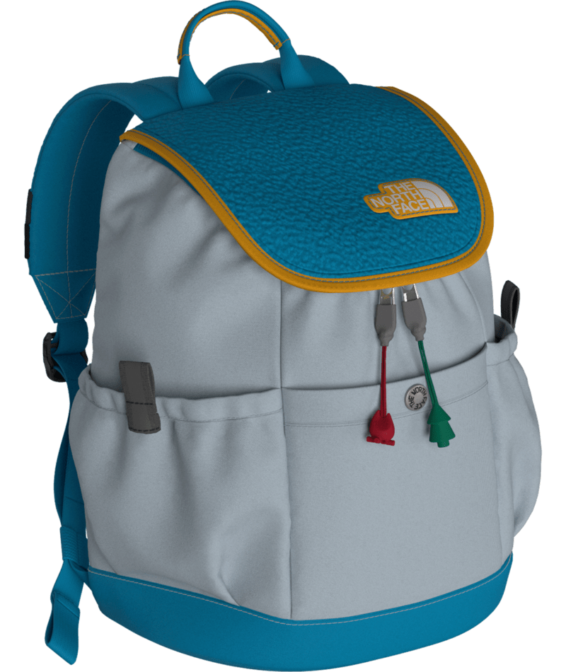 Backpack with blue top section and gray base on a transparent background
