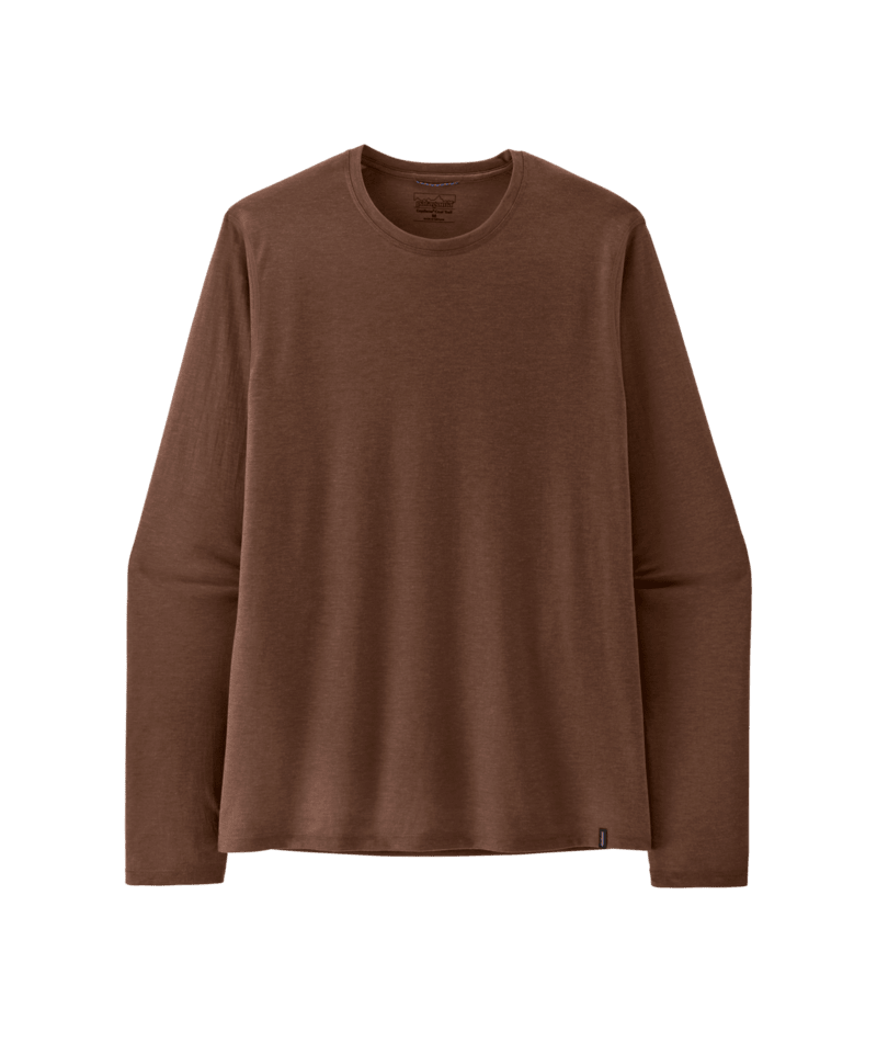 A brown long-sleeve crewneck shirt displayed flat