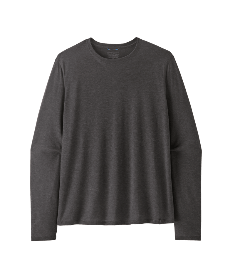 A black heathered long-sleeve crewneck shirt