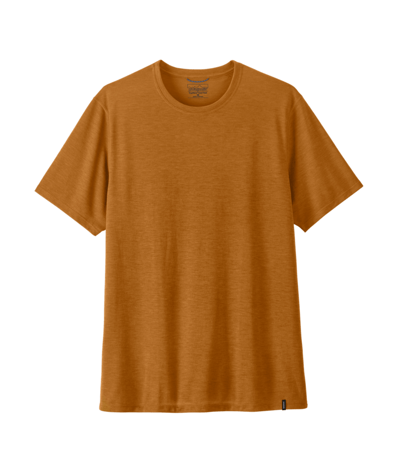 A short-sleeve crewneck t-shirt in a heathered burnt orange color, shown flat 
