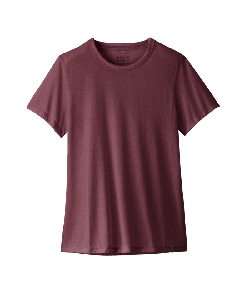 A short-sleeve crewneck t-shirt in a heathered burgundy or maroon color, displayed against a solid dark green background.