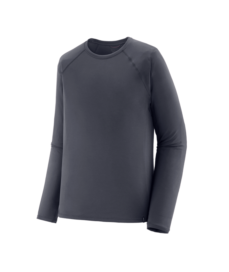 A dark gray long-sleeve crewneck shirt with raglan sleeves