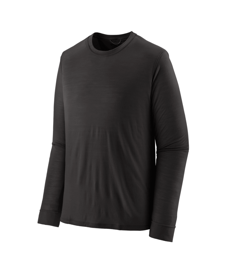 A black long-sleeve crewneck shirt shown on a ghost mannequin