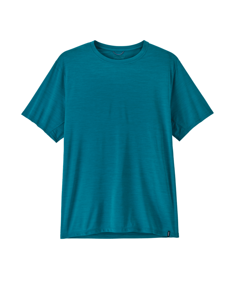 A short-sleeve crewneck t-shirt in a vibrant teal color, displayed flat 