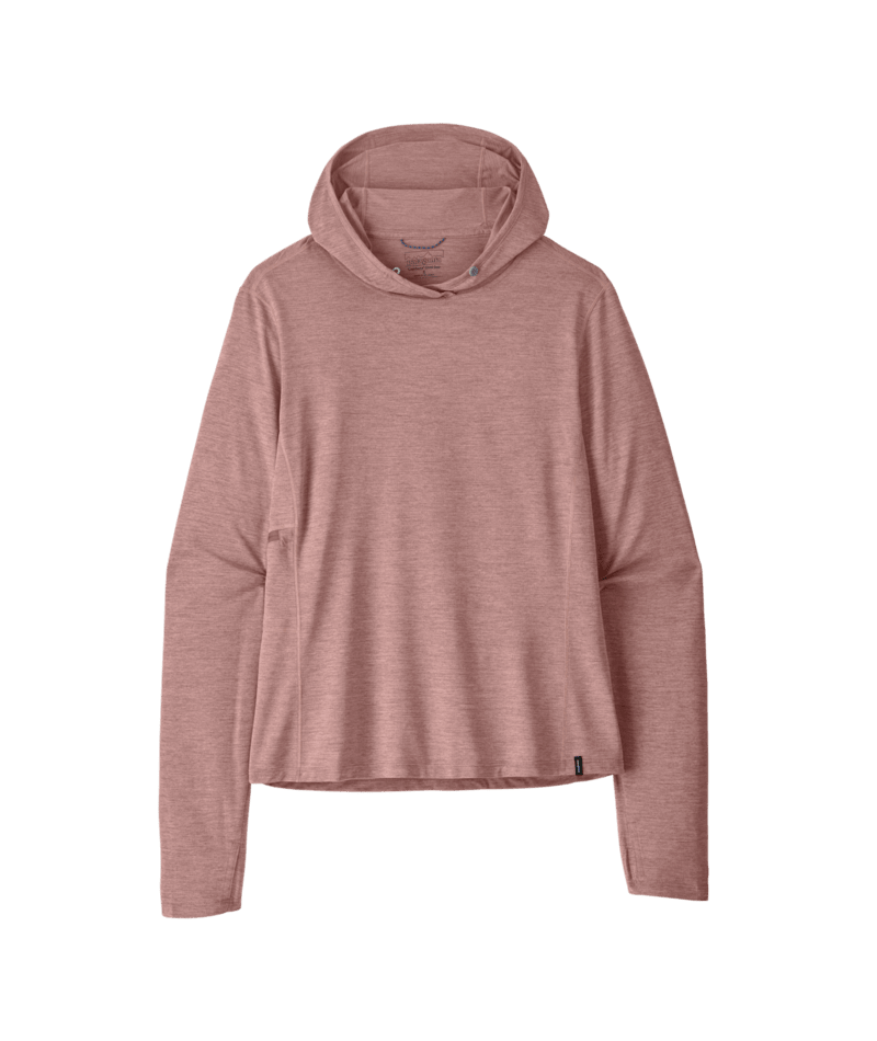 A dusty rose heathered long-sleeve hooded shirt, shown flat 
