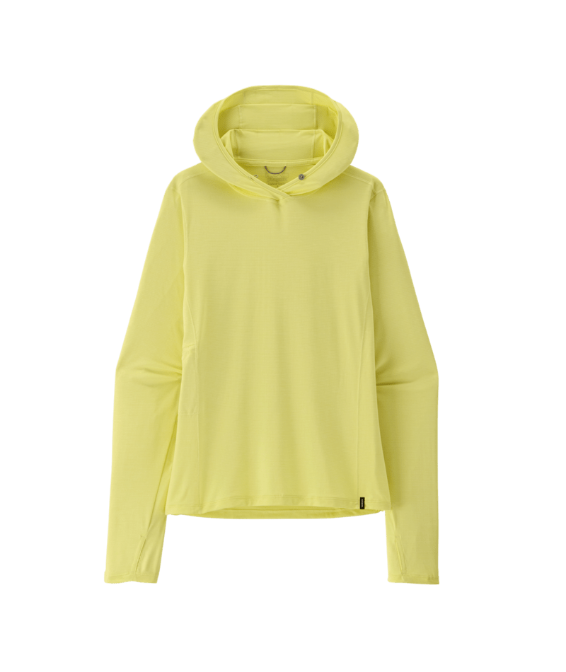 A pale yellow hooded long-sleeve top with a button at the neck