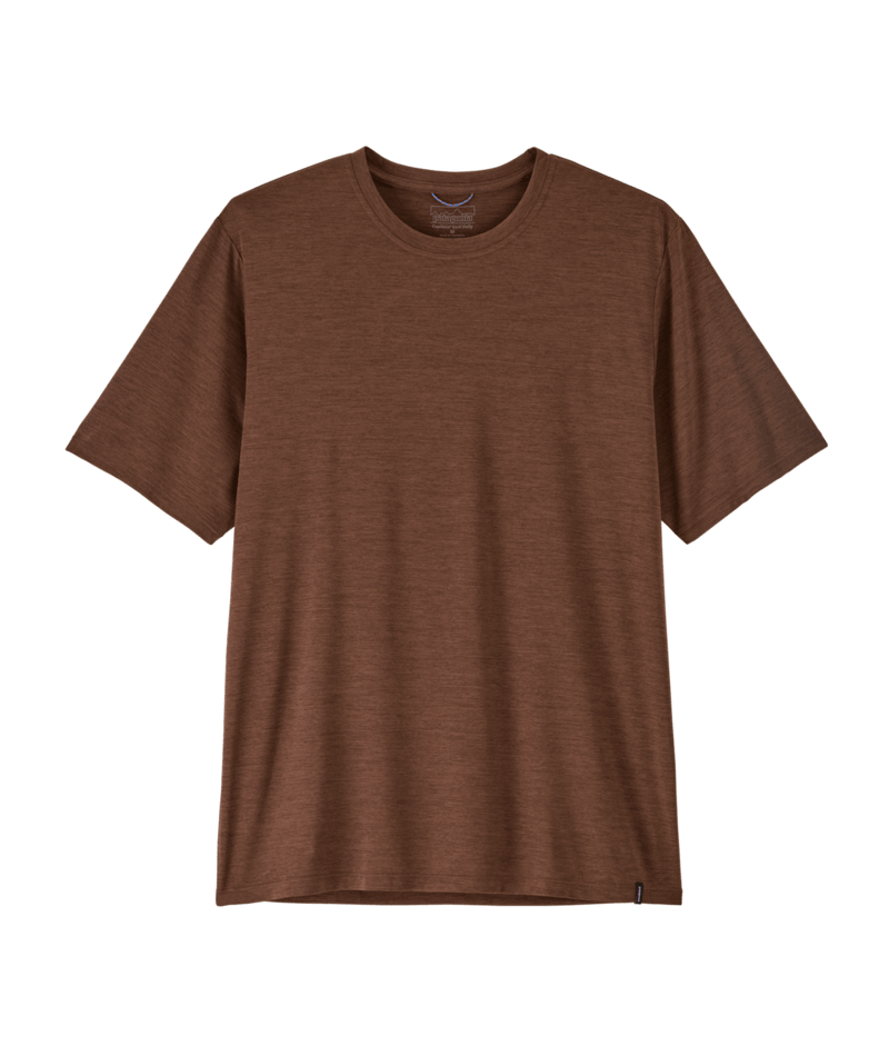 A short-sleeve crewneck t-shirt in a heathered brown color