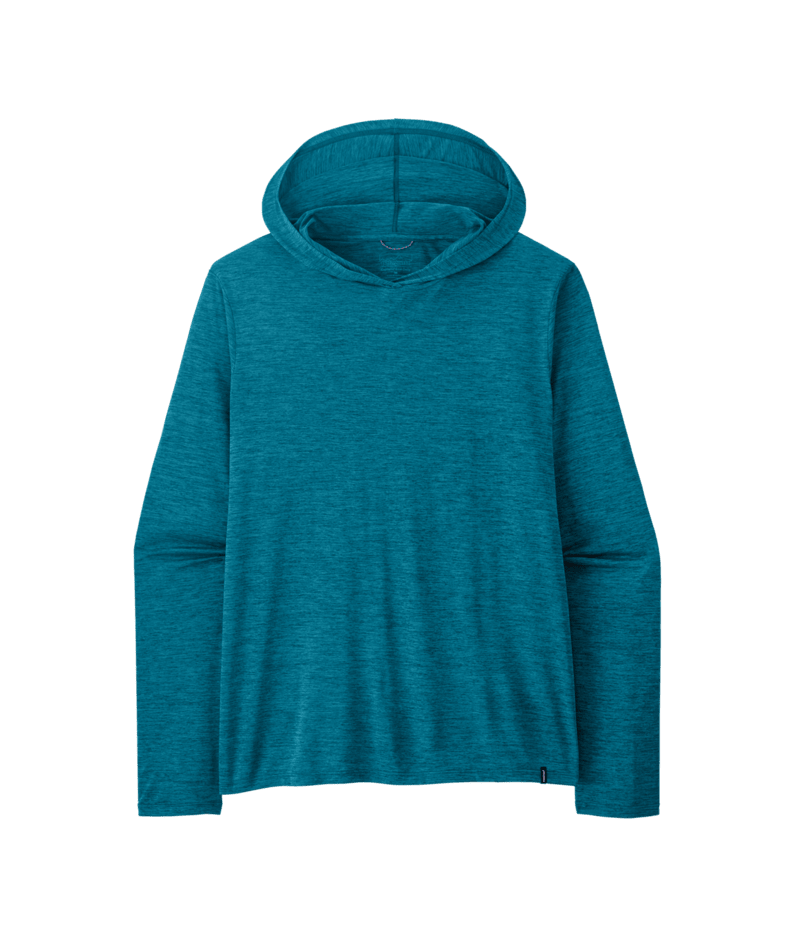 A teal blue heathered long-sleeve hooded shirt, shown flat 