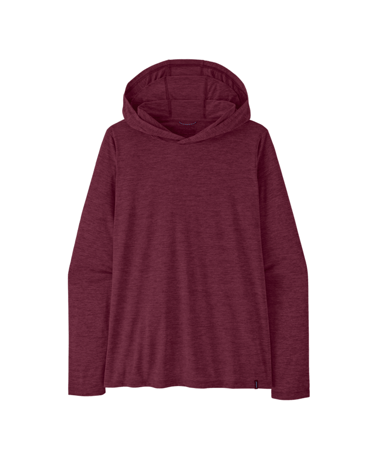 A women's long-sleeve hooded top in a heathered burgundy or maroon color, 