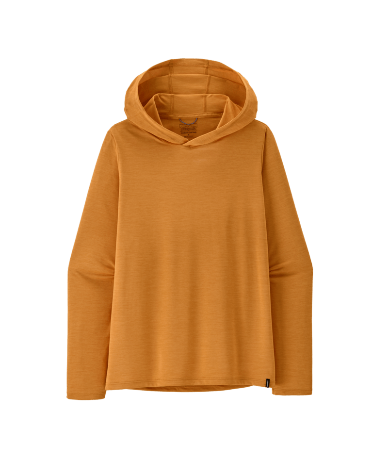A mustard yellow hooded long-sleeve top 