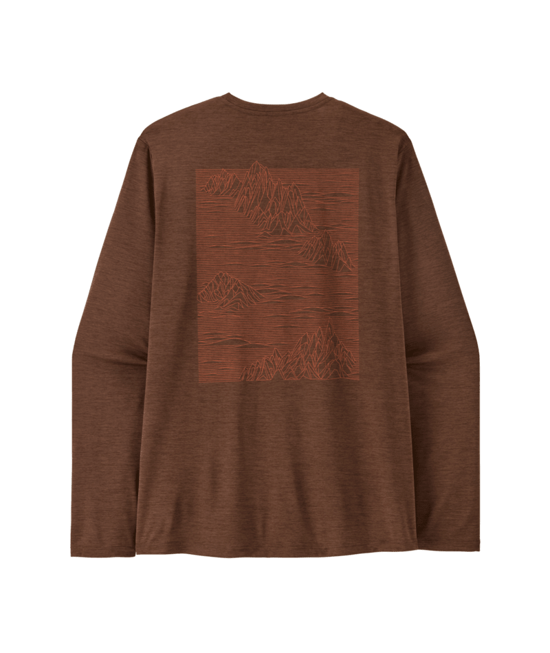 A brown long-sleeve t-shirt with a large rectangular textured graphic on the back depicting a mountain landscape