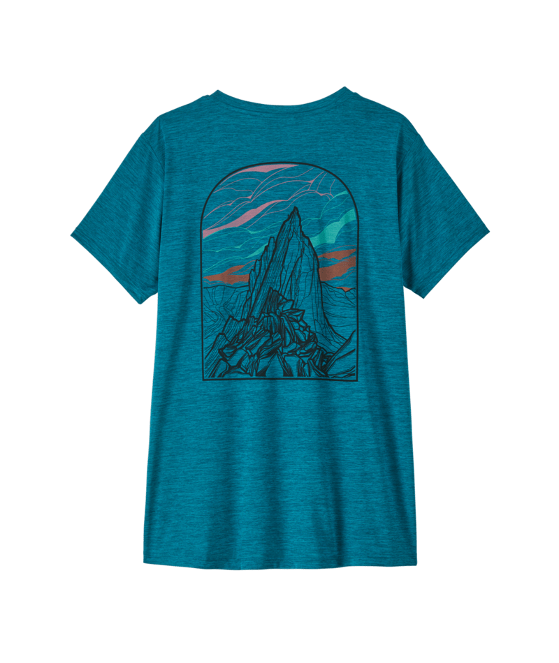 A teal heathered short-sleeve t-shirt with a large graphic print on the back, featuring a stylized mountain scene under an arch with pink and orange sky details