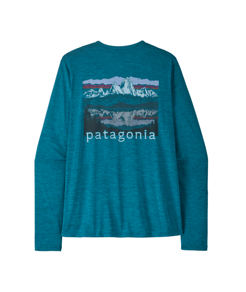 A teal heather long-sleeve t-shirt with a Patagonia mountain graphic and logo on the back