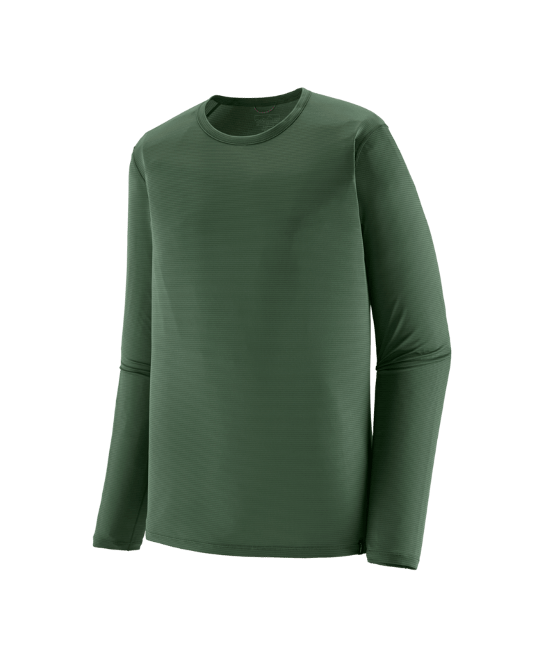 A plain long-sleeve crewneck shirt in a muted olive green color,