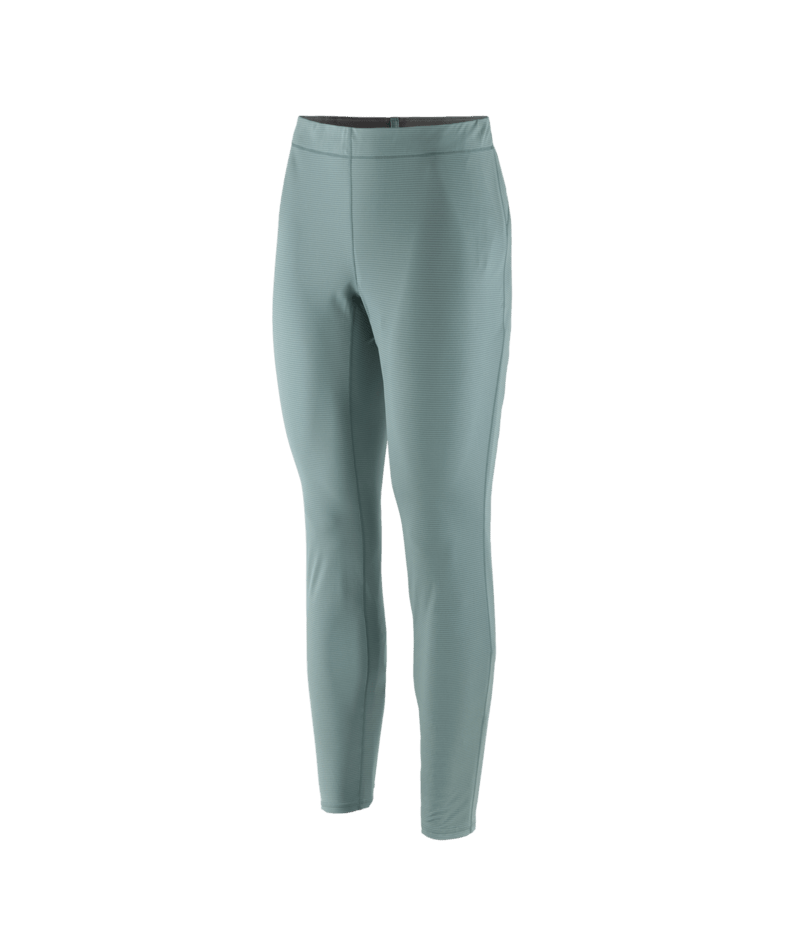 A pair of slim-fit athletic leggings in a muted sage green color