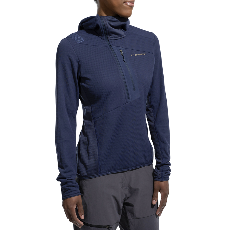 la sportiva womens bigwall hoody in night front view on a model
