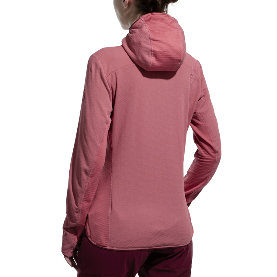 la sportiva womens bigwall hoody in rose back view on a model