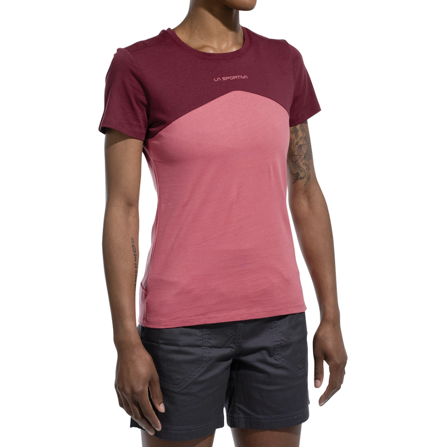 la sportiva womens roof shirt in rose front view on a model
