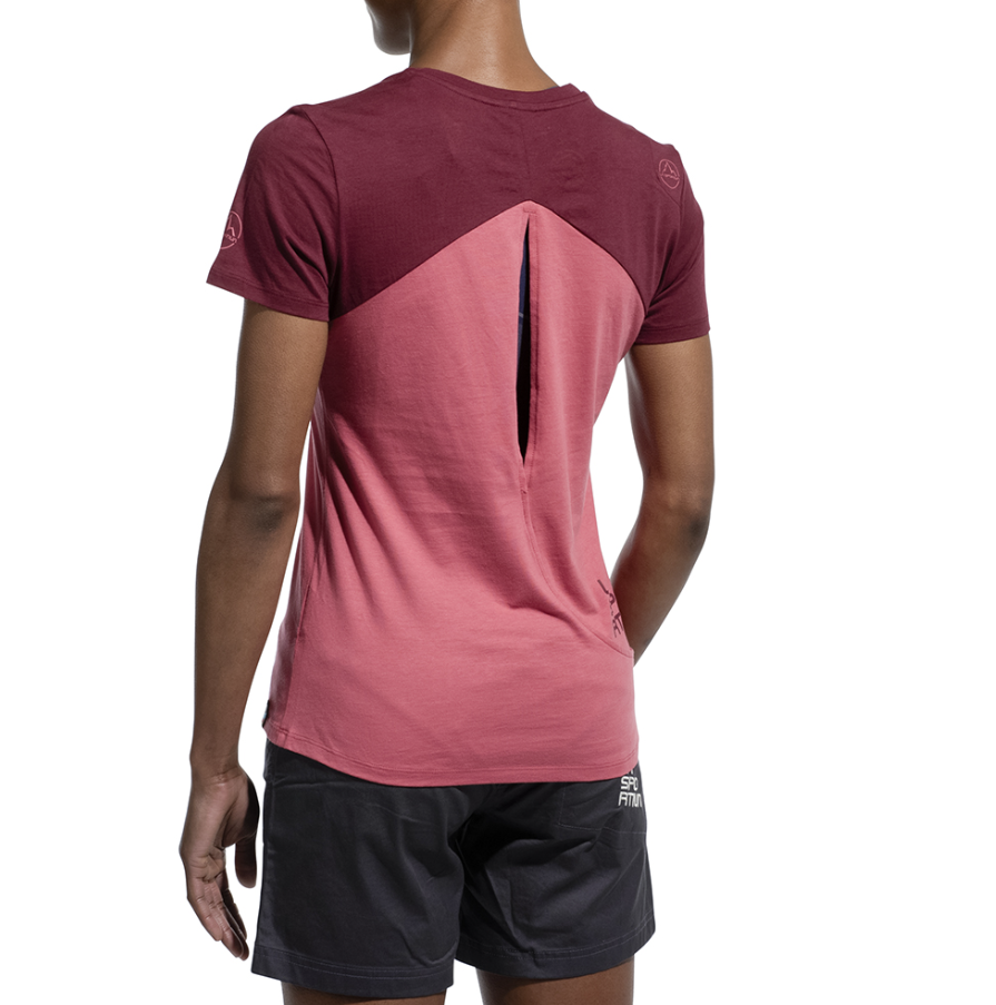la sportiva womens roof shirt in rose back view on a model