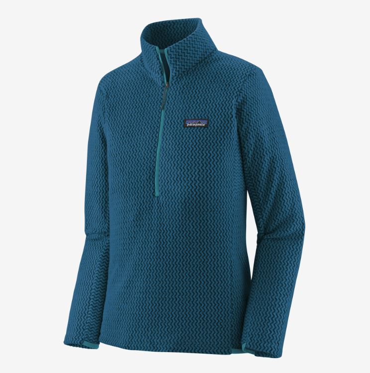 the patagonia womens r1 air zip neck in the color lagom blue, front view