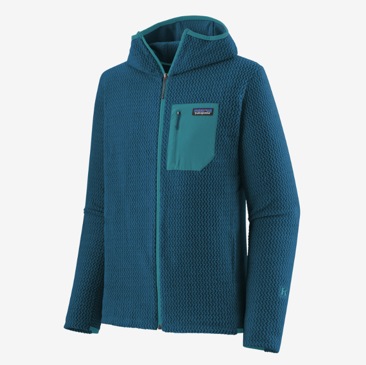 patagonia mens r1 air full zip hoody in the color lagom blue, front view