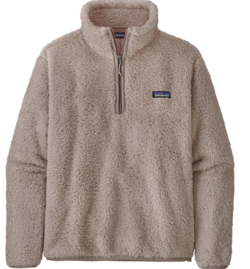 A beige Patagonia fleece quarter-zip pullover sweater with a small blue and white logo patch on the left chest, shown against a plain white background.