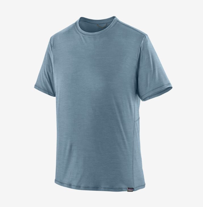 patagonia mens short sleeve capilene cool lightweight shirt in the color light plume grey, front view