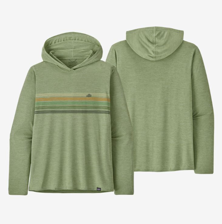 a front and back photo of the mens patagonia capilene cool daily graphic hoody in the color Line Logo Salvia Green