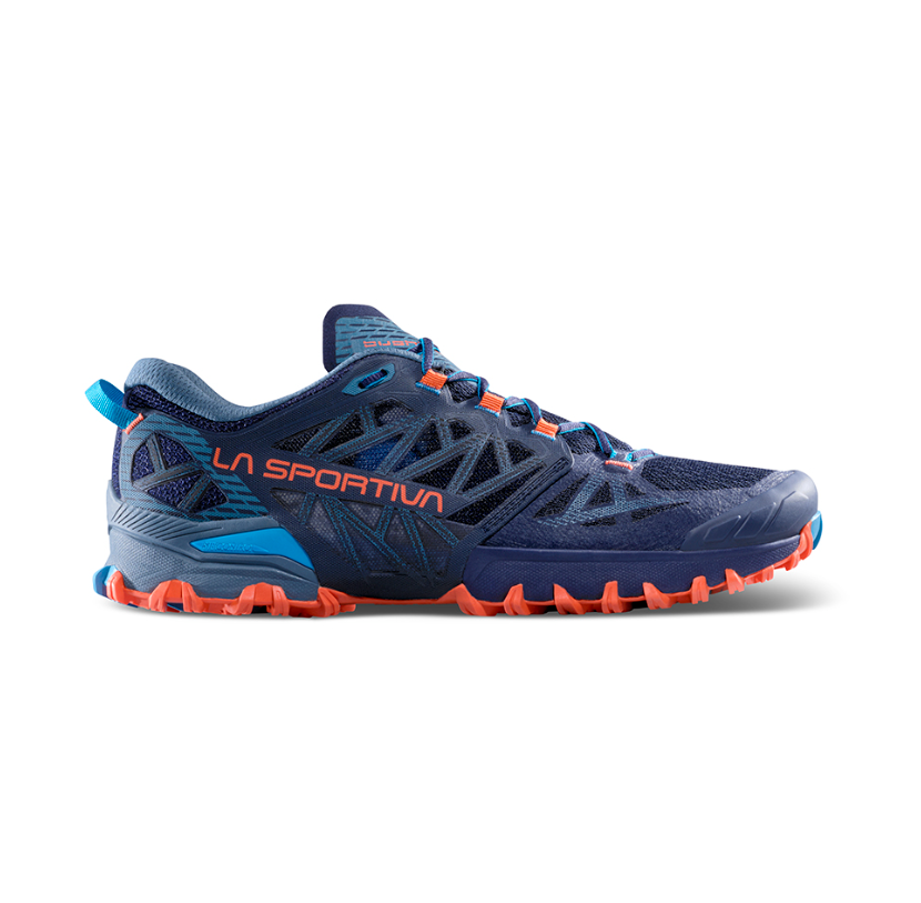 the mens la sportiva bushido 3 in the color deep sea cherry tomato, outside view