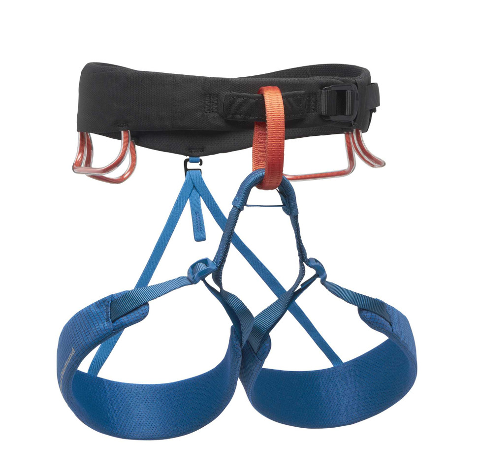 the black diamond mens momentum harness in the color kingfisher blue, front view