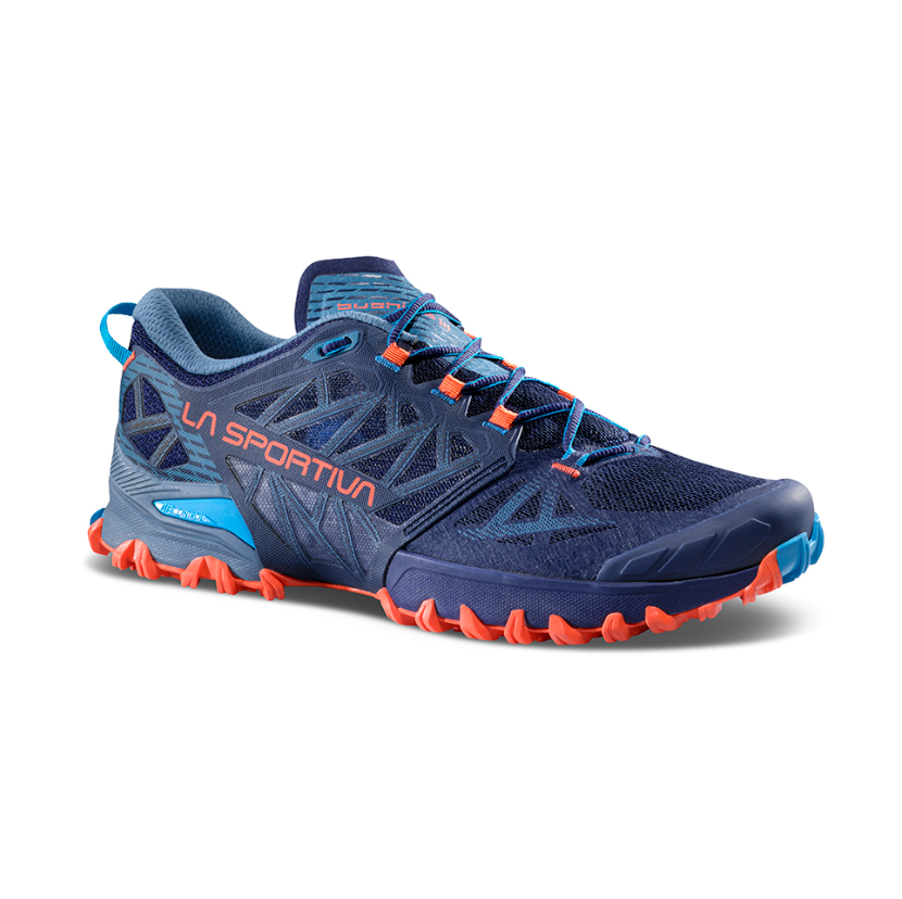 the mens la sportiva bushido 3 in the color deep sea cherry tomato, three quarters view