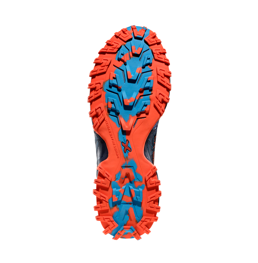 the mens la sportiva bushido 3 in the color deep sea cherry tomato, view of the sole