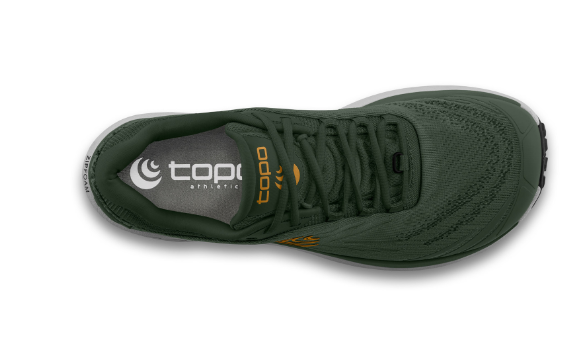 topo mens pursuit 2 shoe in the color green orange, top view