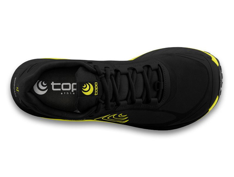 a photo of the topo mountain racer 3 mens shoe in the color black/lime, top view