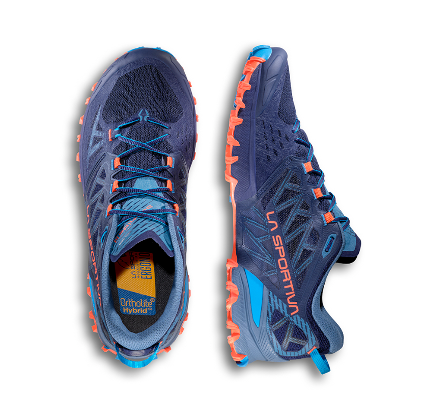 the mens la sportiva bushido 3 in the color deep sea cherry tomato, view of the top and the inner step