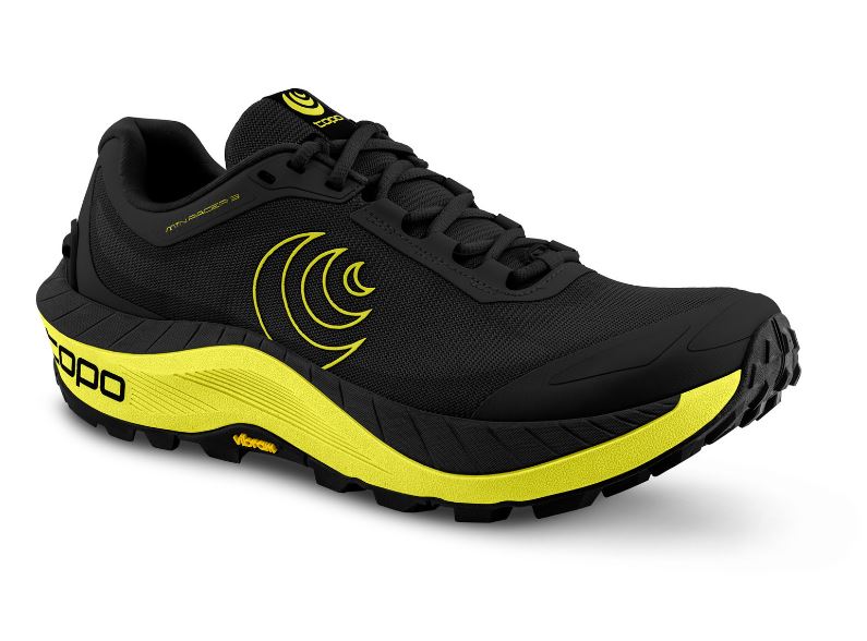a photo of the topo mountain racer 3 mens shoe in the color black/lime, three quarters view