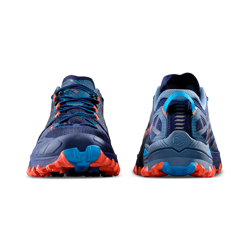 the mens la sportiva bushido 3 in the color deep sea cherry tomato, view of the front and the back