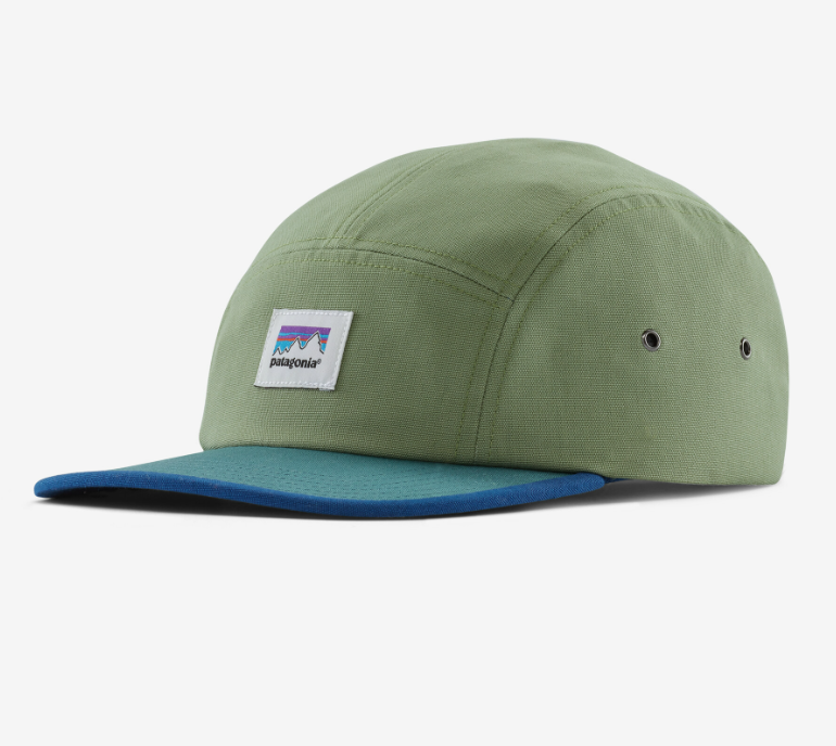 the patagonia graphic maclure hat in the color shop sticker matcha green