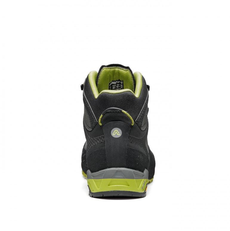 a photo of the asolo mens eldo mid leather goretex hiking boot in the color graphite green oasis, back view