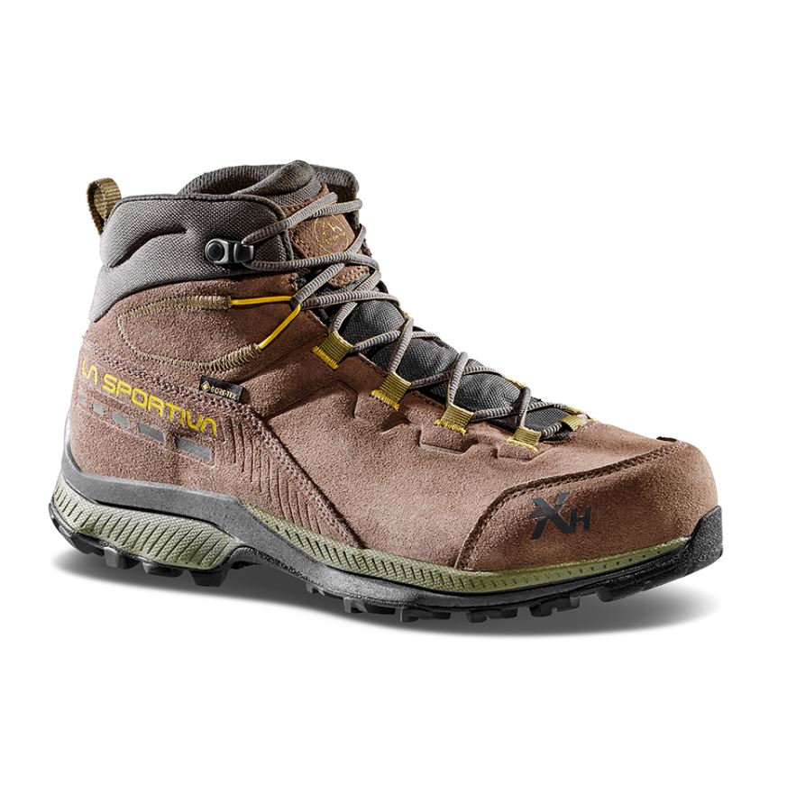 a photo of the mens tx hike mid leather gtx boot from la sportiva in the color taupe/moss, three quarters view