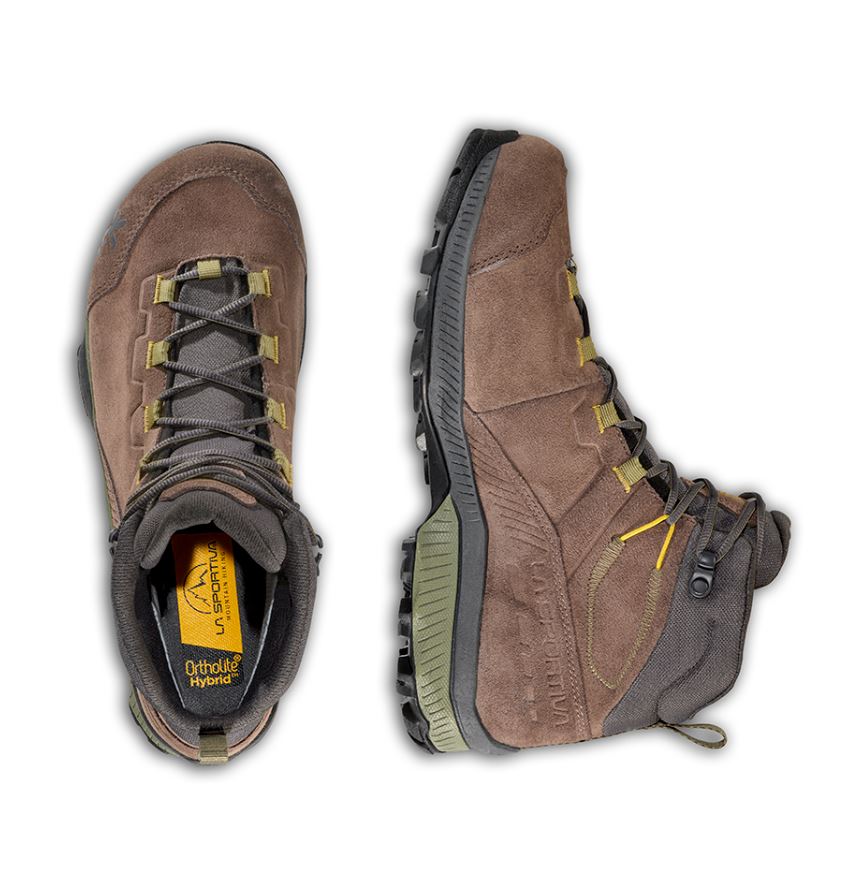 a photo of the mens tx hike mid leather gtx boot from la sportiva in the color taupe/moss, view of the top and side