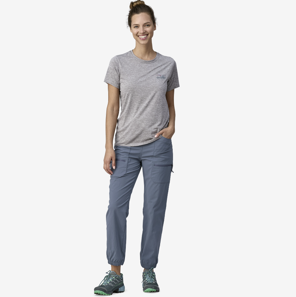a model wearing the patagonia womens quandary jogger in a blue color, front view