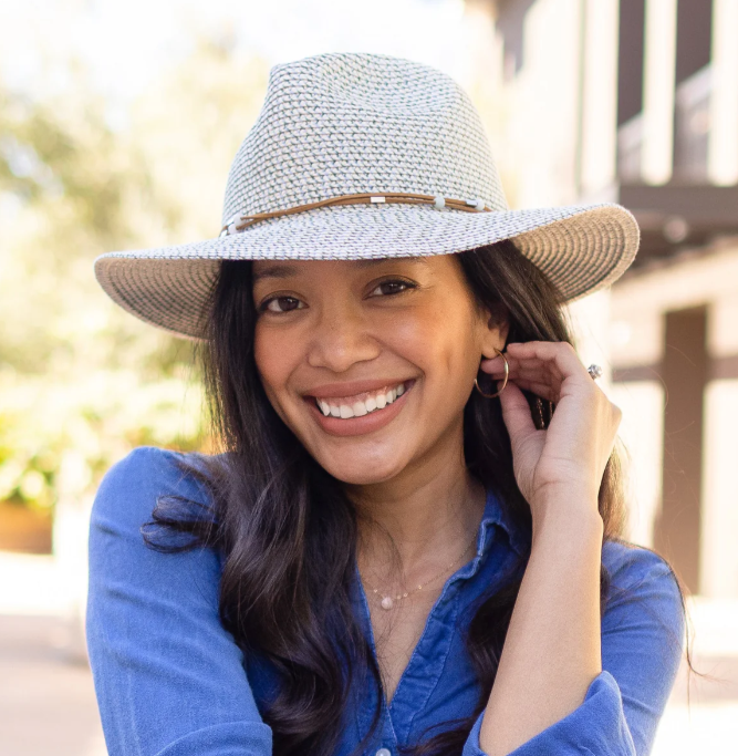 a model wearing the sunday afternoons wanderlust fedora in seaglass