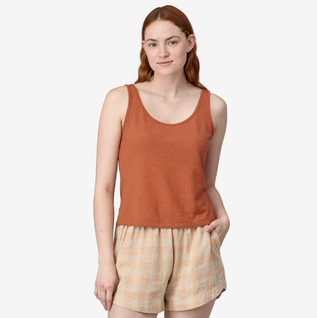 the patagonia womens trail harbor tank in the color sienna clay, front view on a model