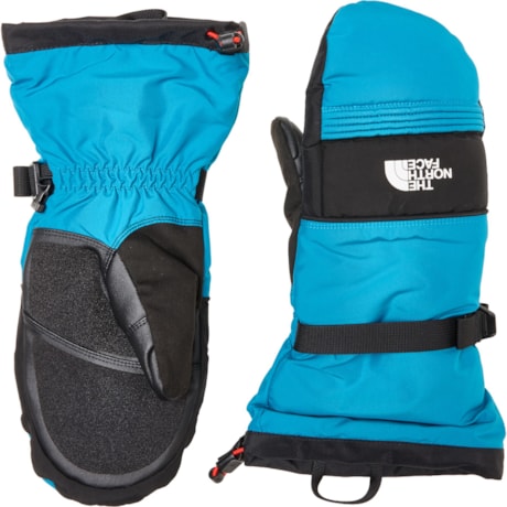 A pair of The North Face insulated winter gloves in bright blue and black, showing both the back of one glove and the front of the other on a plain white background.