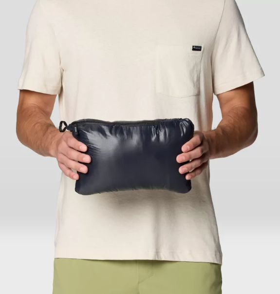 mens mountain hardwear ghost shadow jacket in black shown stuffed into its own pocket