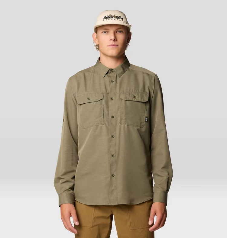 mountain hardwear canyon longsleeve in stone green 
front view on a model